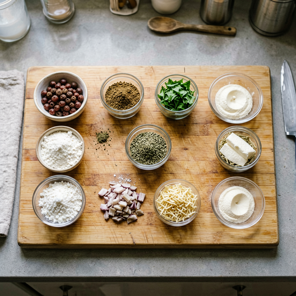 Ingredients prepped and organized on cutting board, mise en place, professional kitchen setup