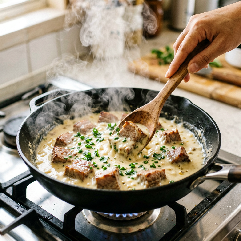 Cooking process shot, Low-Carb Pork Skillet with Creamy Garlic Sauce in pan, steam rising, professional action photography