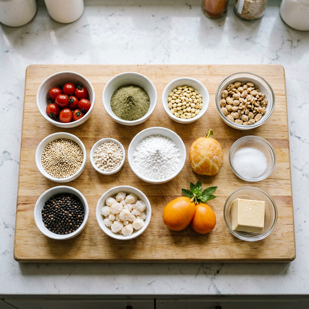 Ingredients prepped and organized on cutting board, mise en place, professional kitchen setup