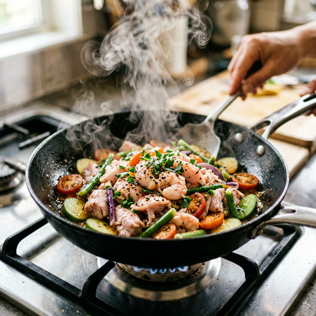 Cooking process shot, Meal Prep Italian Shrimp Bowl in pan, steam rising, professional action photography