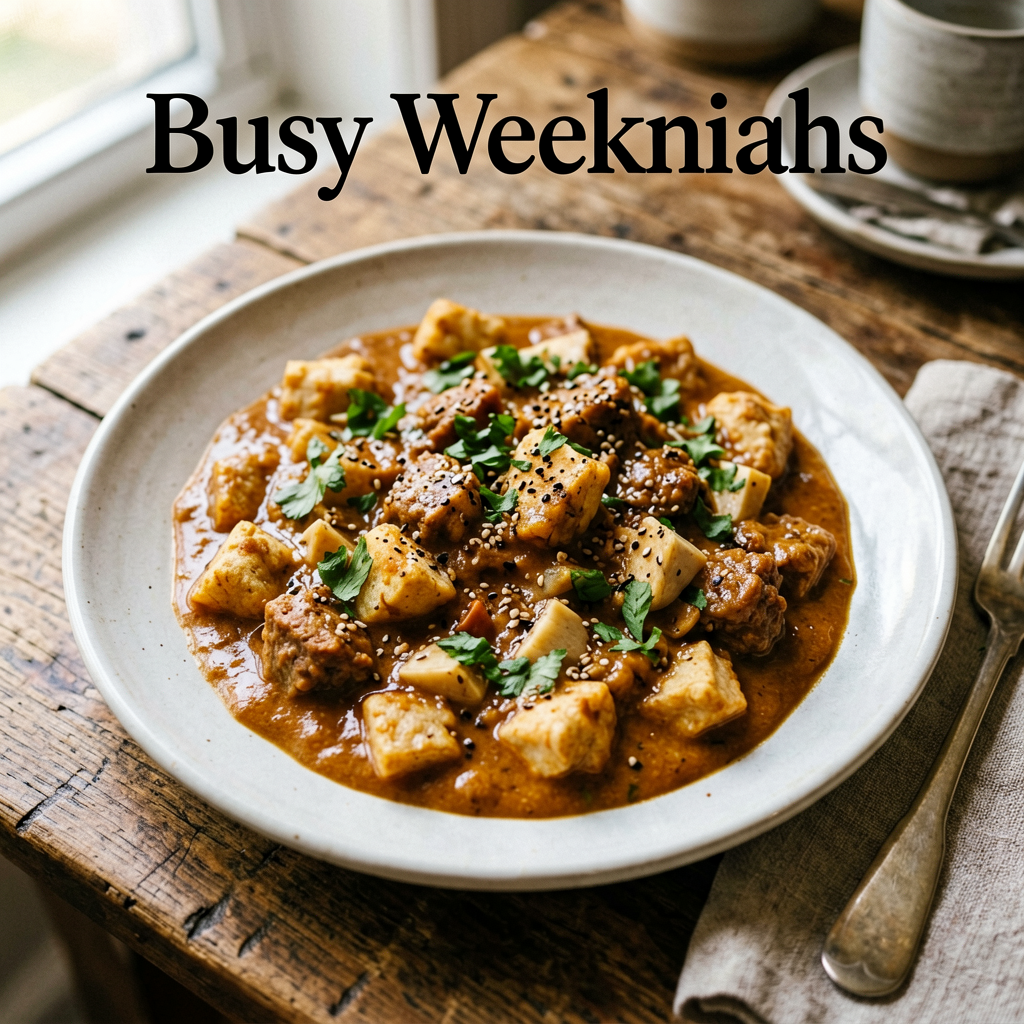 Finished Mexican Chicken Curry for Busy Weeknights beautifully plated, professional food photography, natural lighting