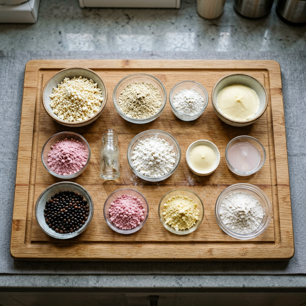Ingredients prepped and organized on cutting board, mise en place, professional kitchen setup