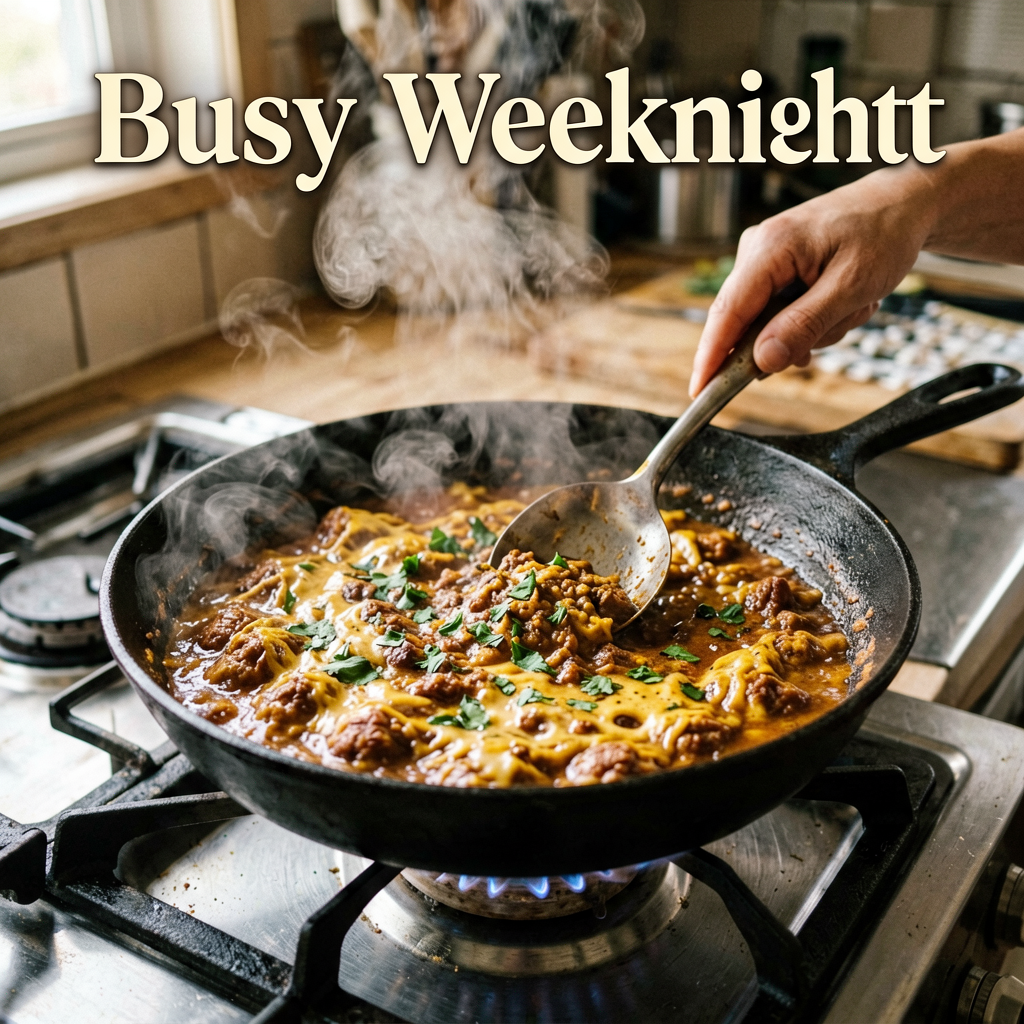 Cooking process shot, Mexican Chicken Curry for Busy Weeknights in pan, steam rising, professional action photography