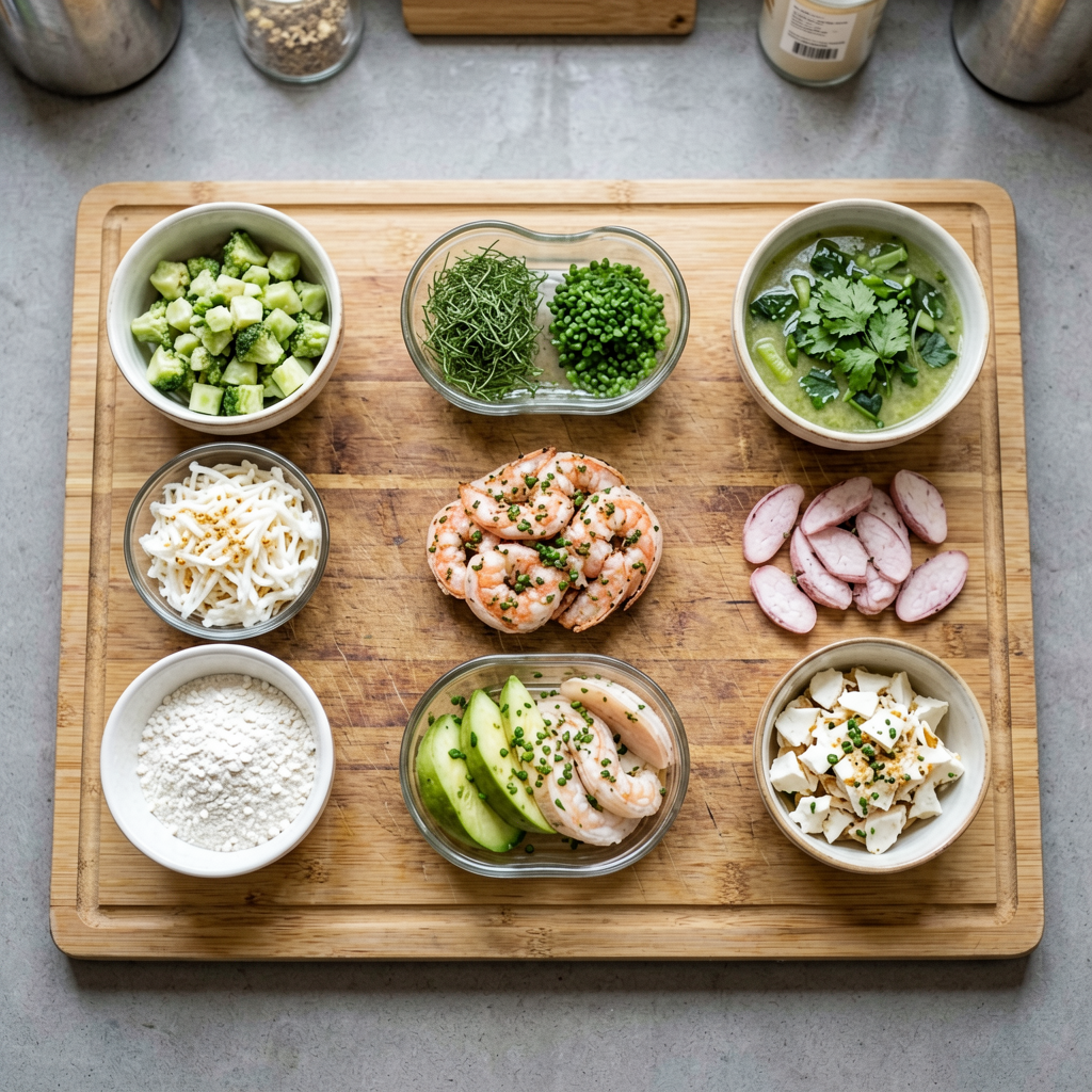 Ingredients prepped and organized on cutting board, mise en place, professional kitchen setup