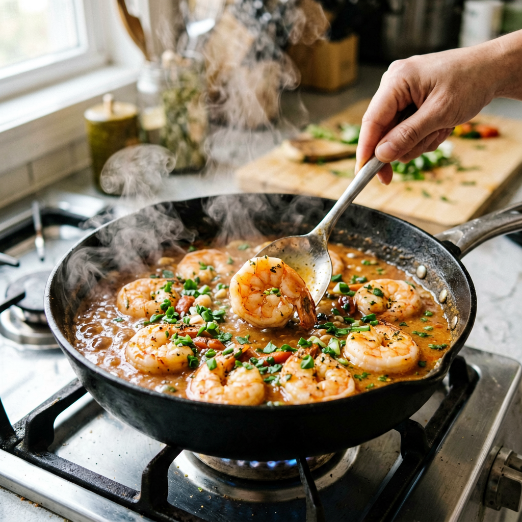 Cooking process shot, Mexican Shrimp Soup for Meal Prep in pan, steam rising, professional action photography