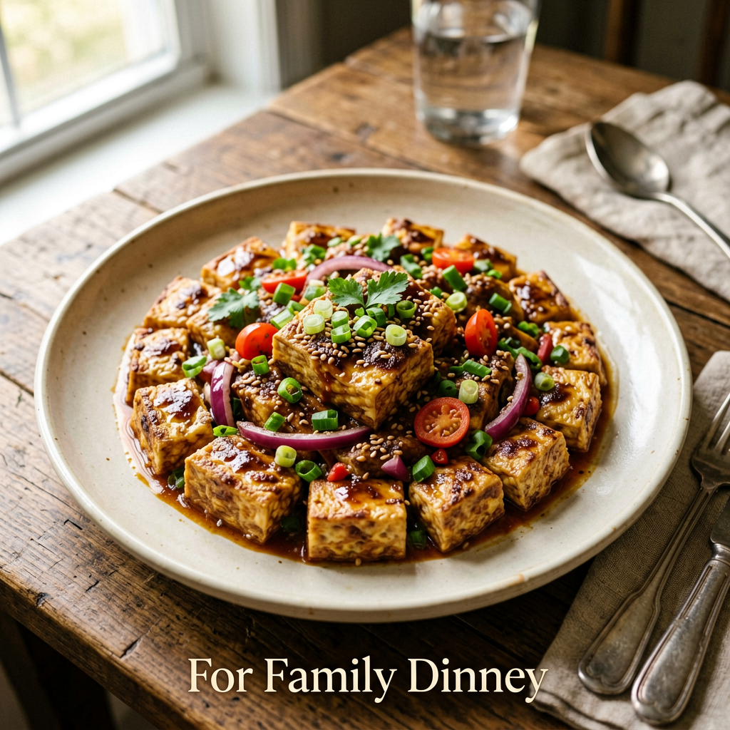 Finished Mexican Tofu Stir Fry for Family Dinner beautifully plated, professional food photography, natural lighting