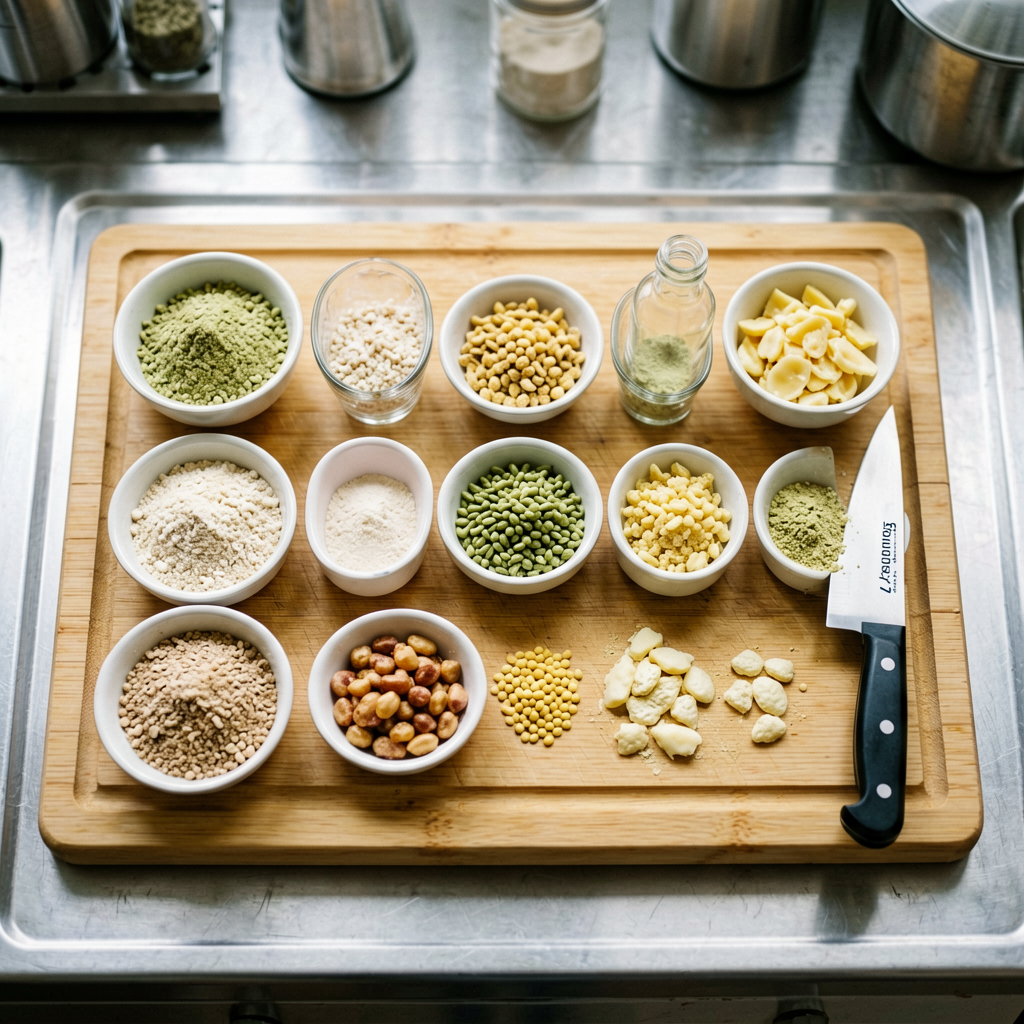 Ingredients prepped and organized on cutting board, mise en place, professional kitchen setup