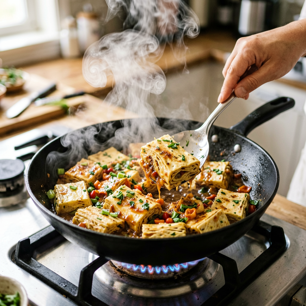 Cooking process shot, Mexican Tofu Stir Fry for Family Dinner in pan, steam rising, professional action photography