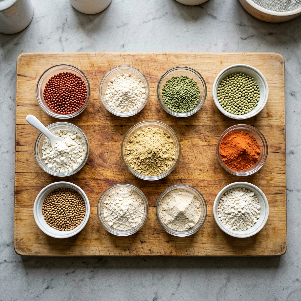 Ingredients prepped and organized on cutting board, mise en place, professional kitchen setup