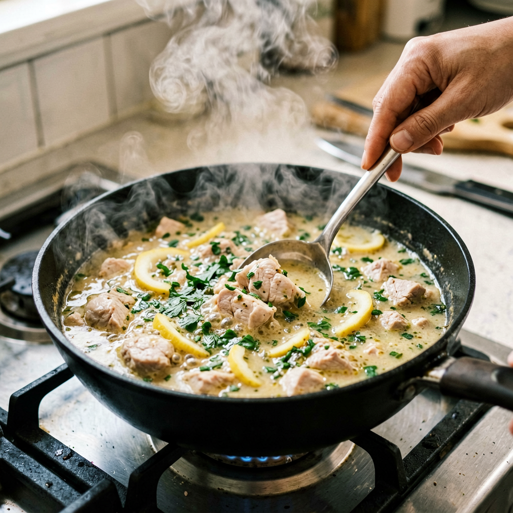 Cooking process shot, One-Pan Chicken Soup with Lemon Herb in pan, steam rising, professional action photography