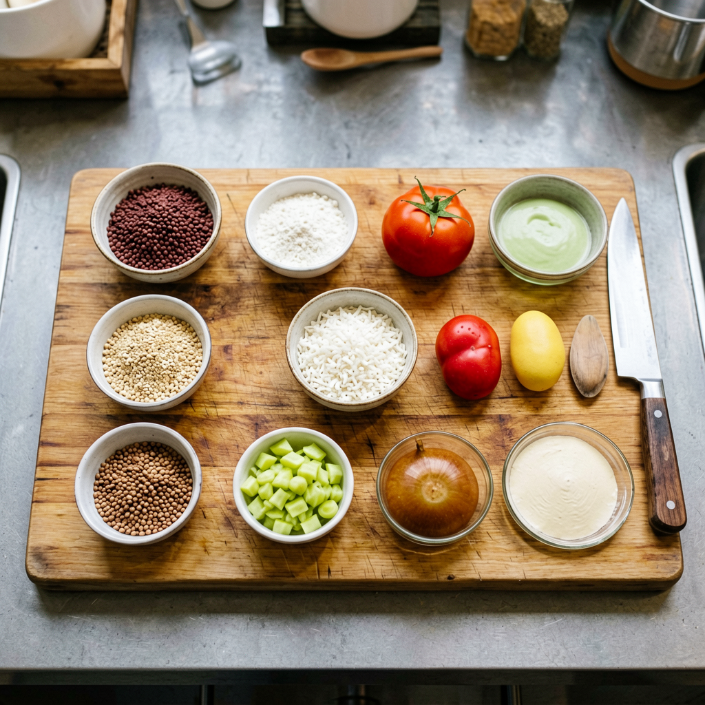 Ingredients prepped and organized on cutting board, mise en place, professional kitchen setup