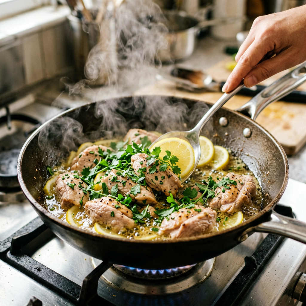 Cooking process shot, One-Pan Chicken with Lemon Herb and Fresh Herbs in pan, steam rising, professional action photography