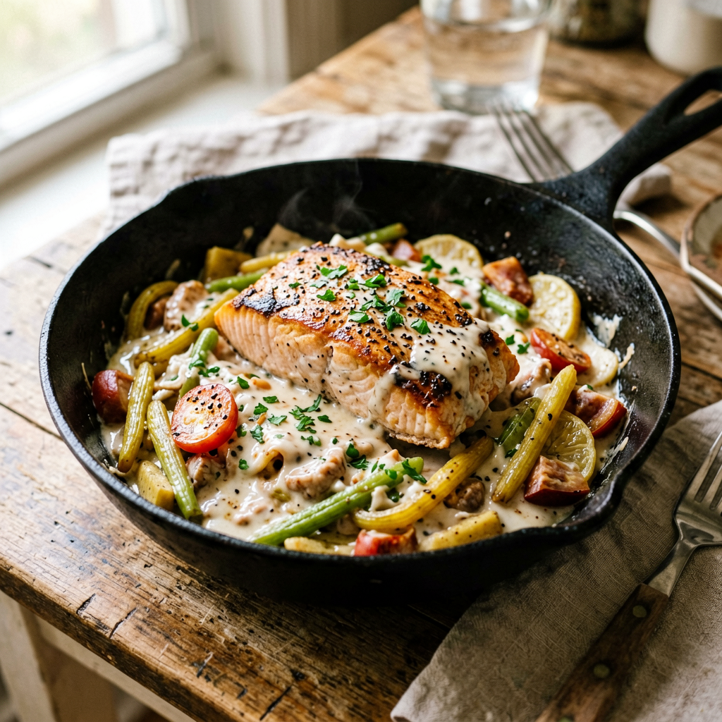 Finished One-Pan Salmon Stir Fry with Creamy beautifully plated, professional food photography, natural lighting
