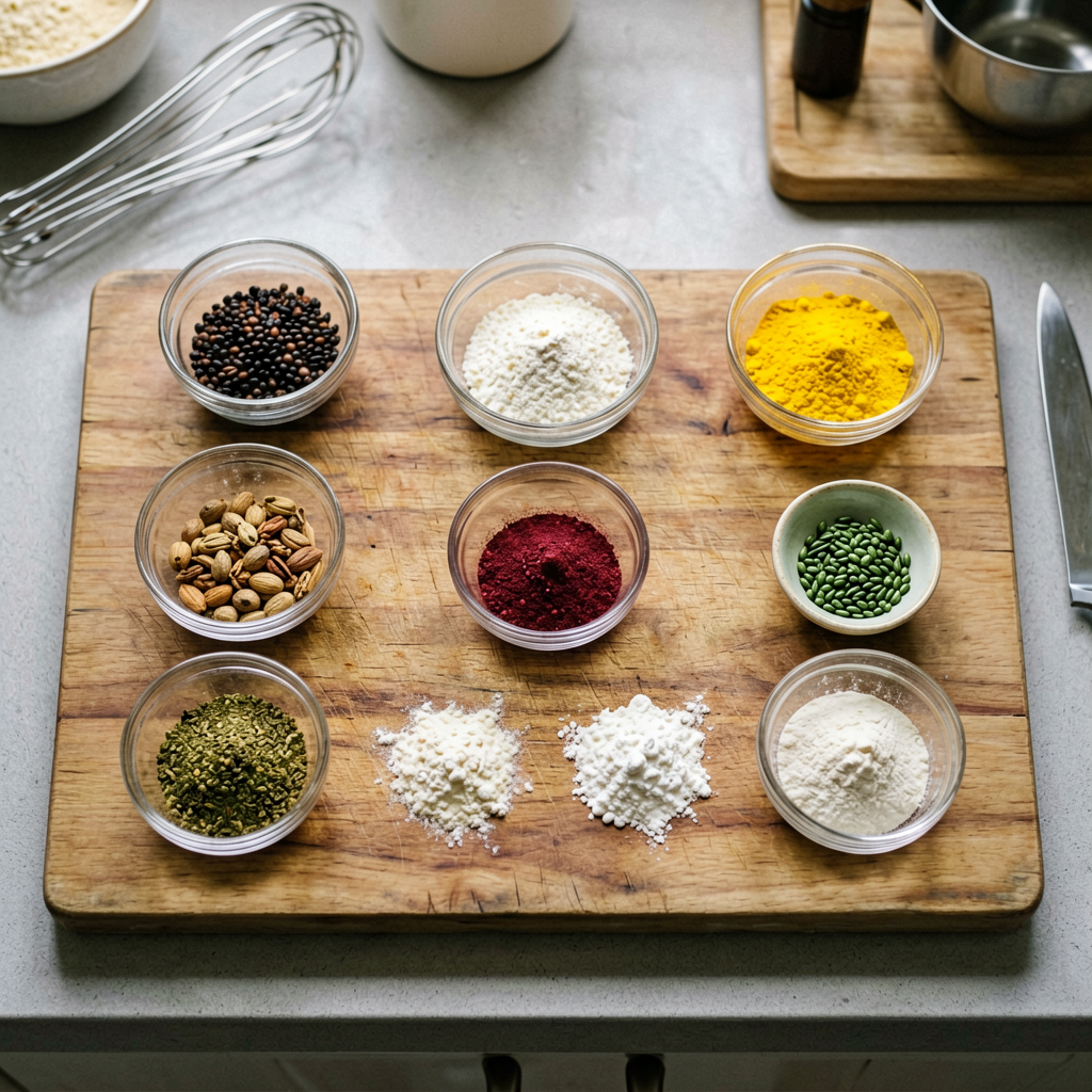 Ingredients prepped and organized on cutting board, mise en place, professional kitchen setup