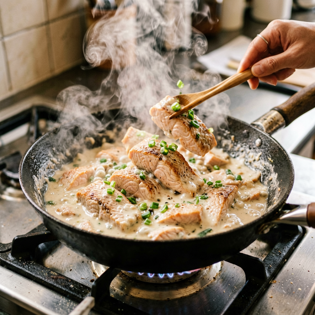 Cooking process shot, One-Pan Salmon Stir Fry with Creamy in pan, steam rising, professional action photography