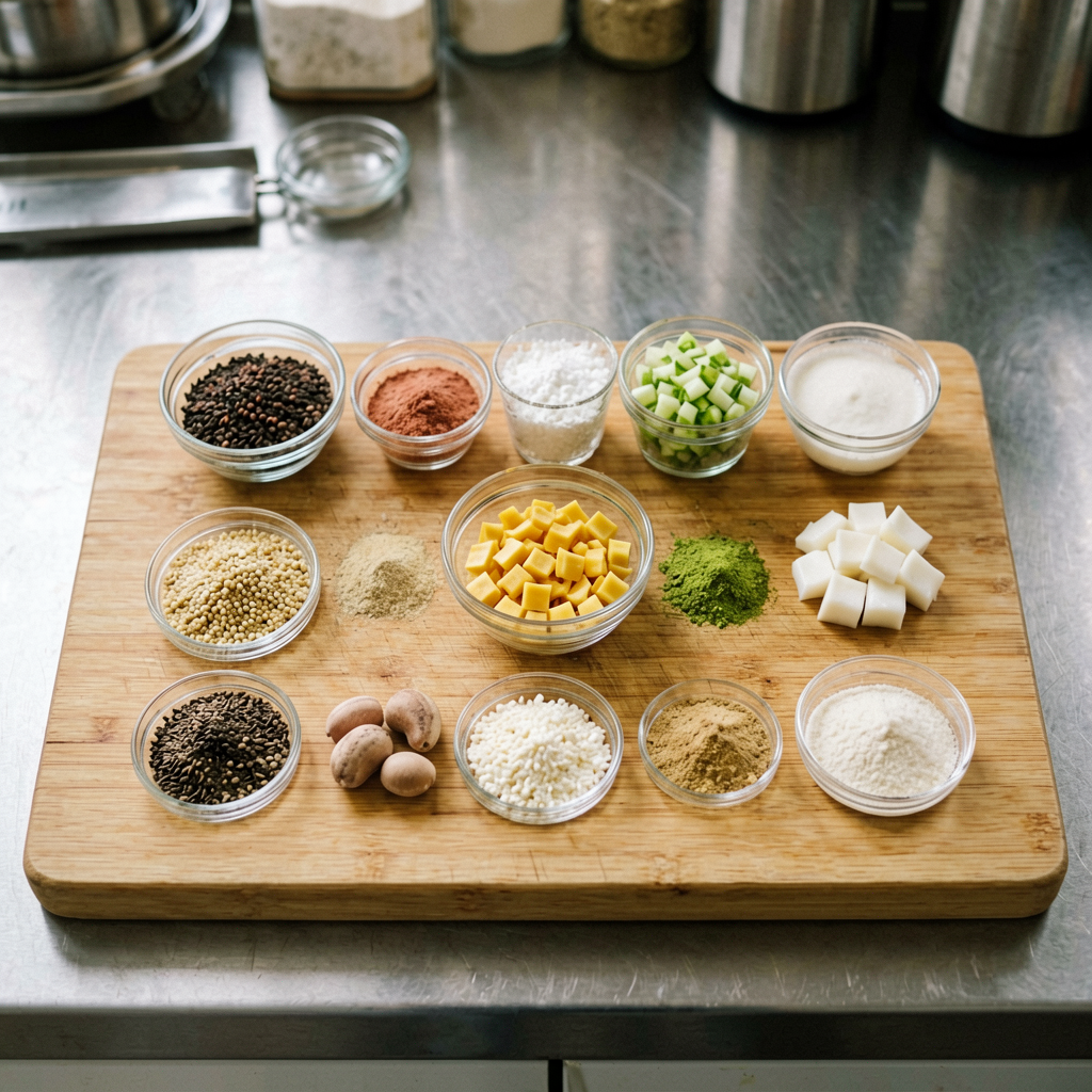 Ingredients prepped and organized on cutting board, mise en place, professional kitchen setup