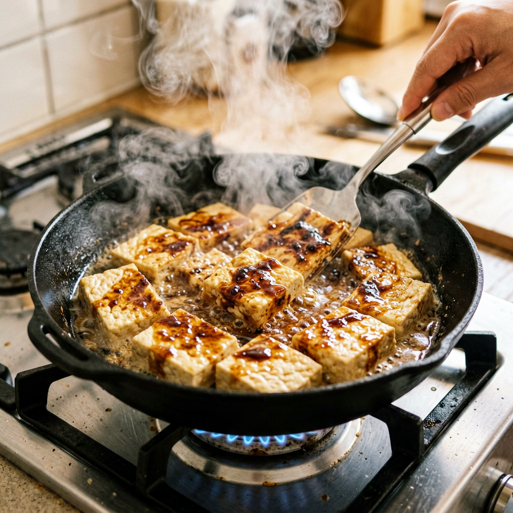 Cooking process shot, One-Pan Tofu Roast with Honey Soy in pan, steam rising, professional action photography