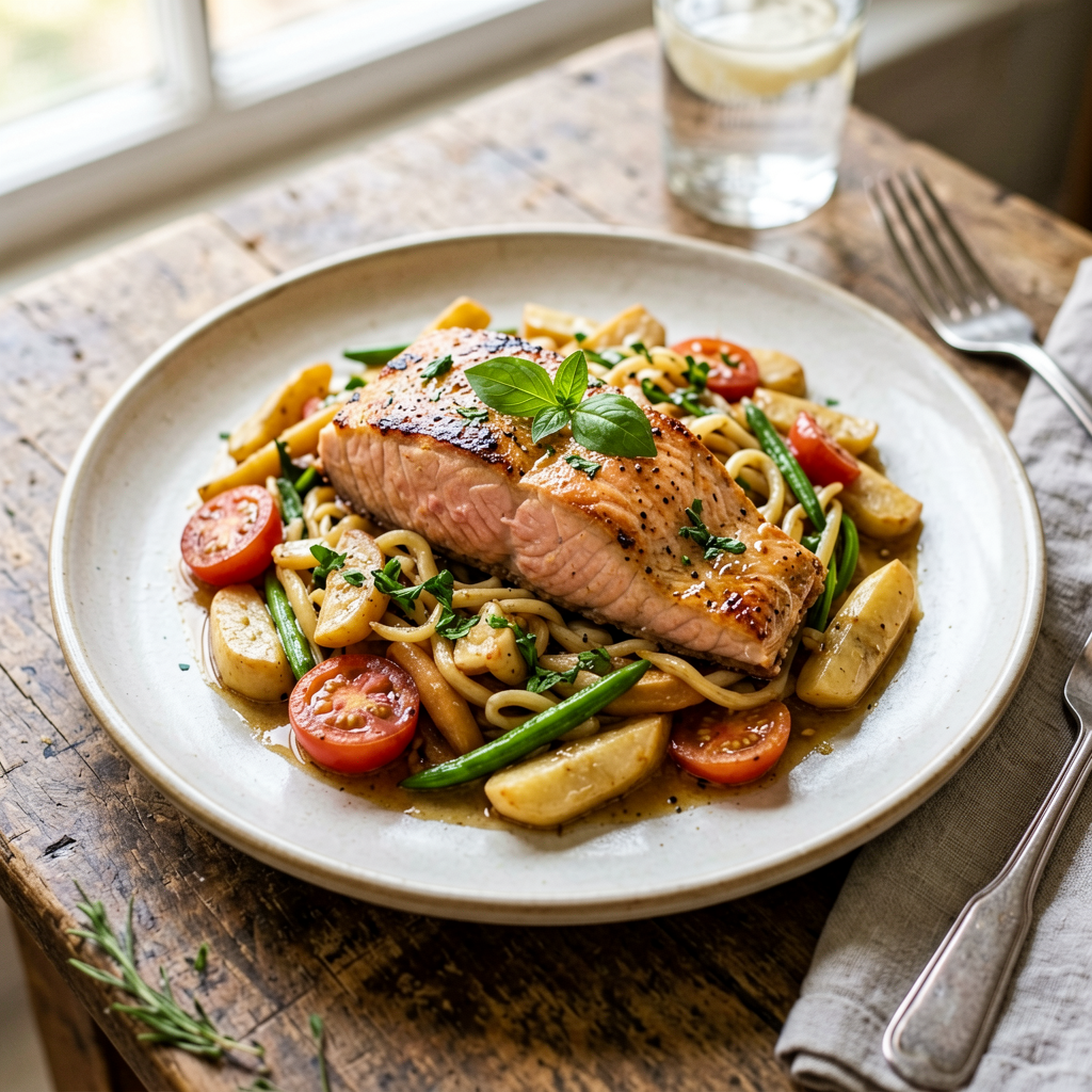 Finished Quick Mediterranean Salmon Stir Fry beautifully plated, professional food photography, natural lighting
