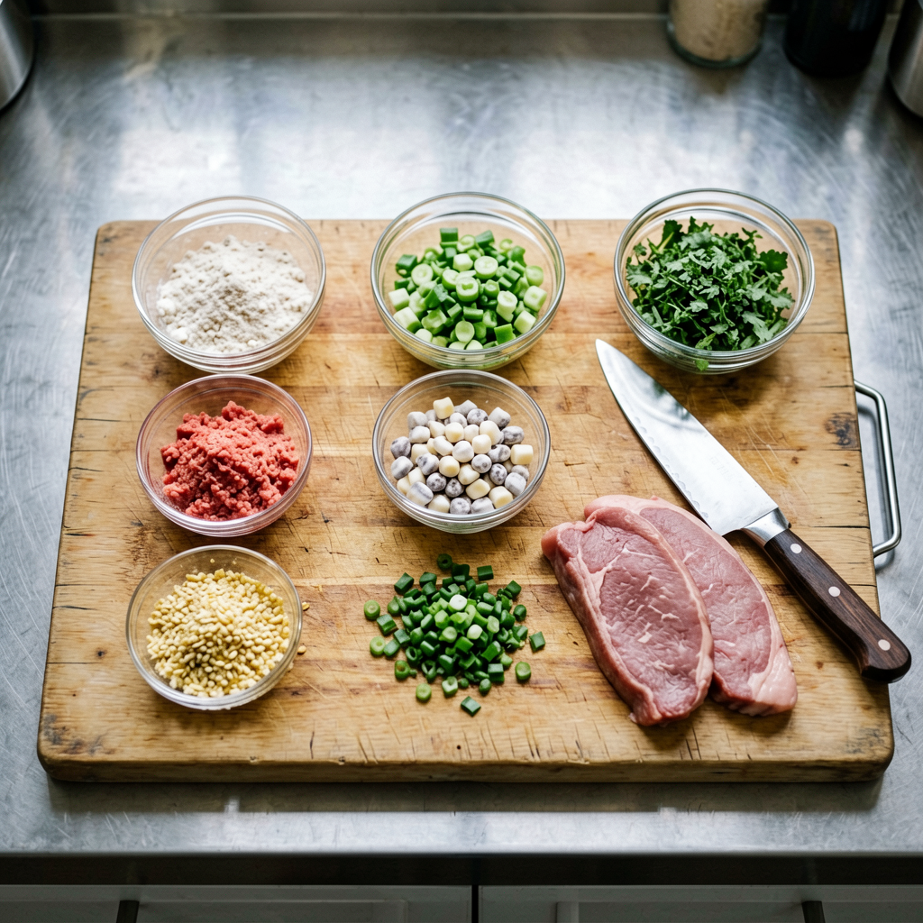 Ingredients prepped and organized on cutting board, mise en place, professional kitchen setup