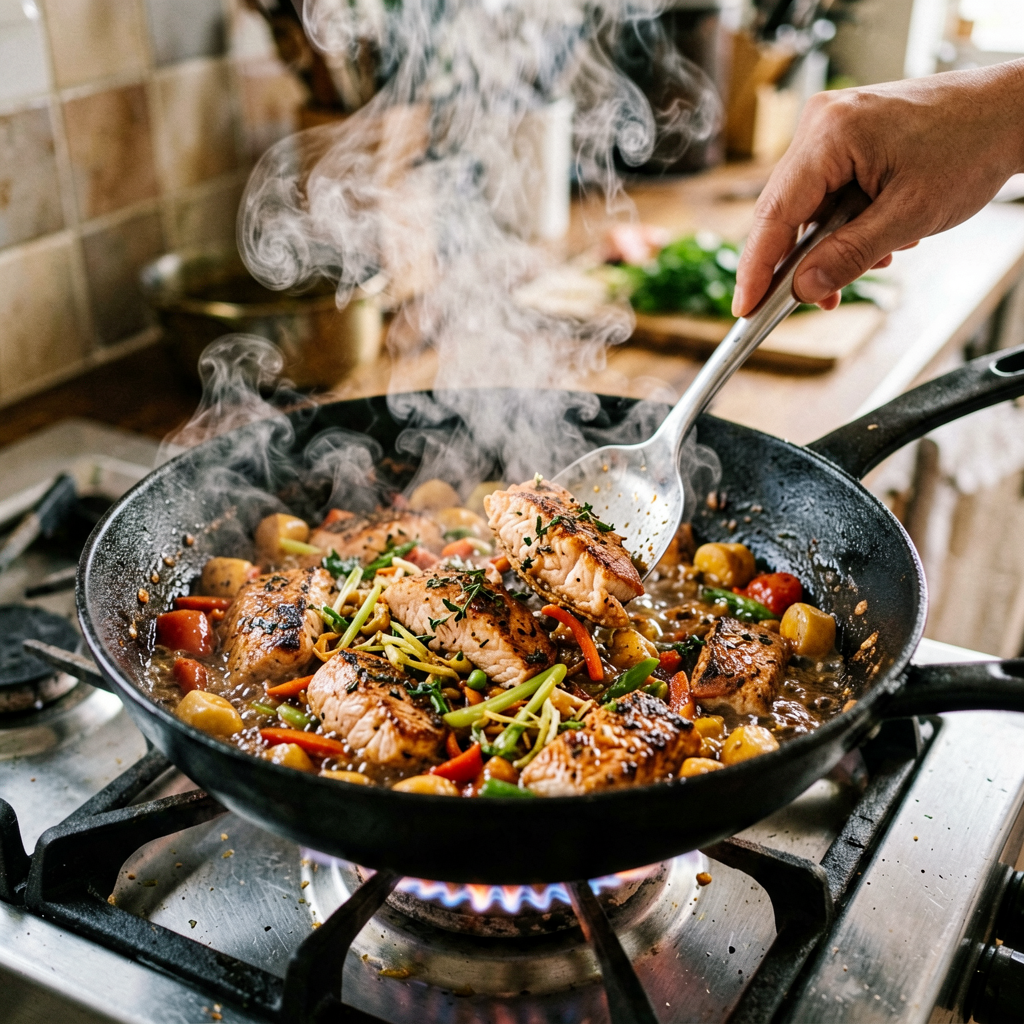 Cooking process shot, Quick Mediterranean Salmon Stir Fry in pan, steam rising, professional action photography