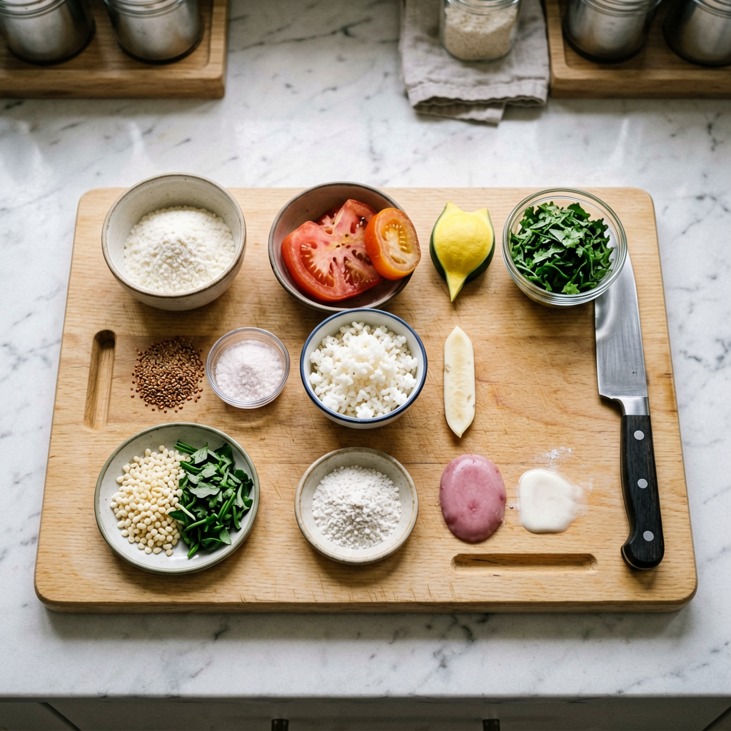 Ingredients prepped and organized on cutting board, mise en place, professional kitchen setup