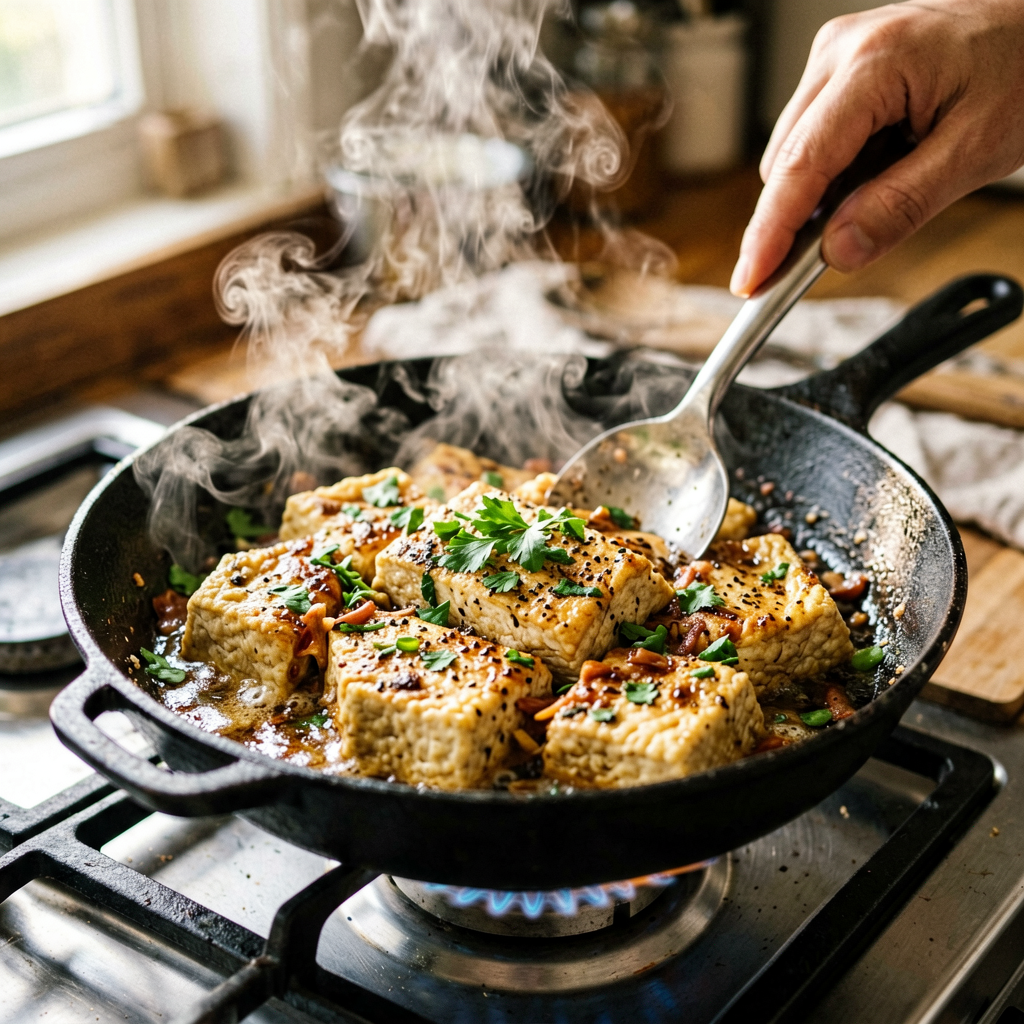Cooking process shot, Quick Mediterranean Tofu Roast in pan, steam rising, professional action photography
