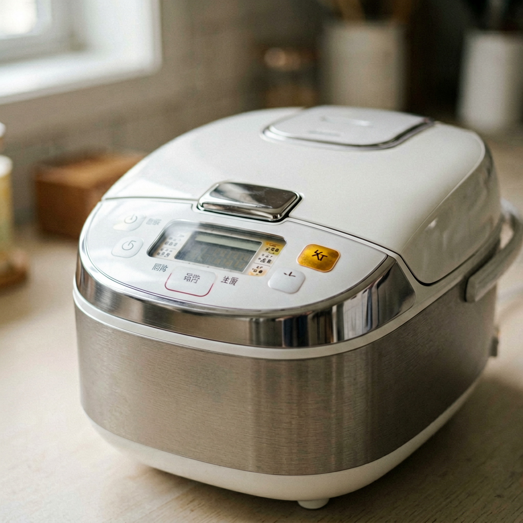 Close up detail shot of rice cooker in use, shallow depth of field, realistic product photography