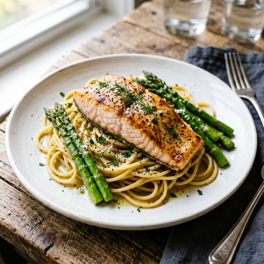 Finished Salmon and Asparagus Pasta (Mexican) beautifully plated, professional food photography, natural lighting