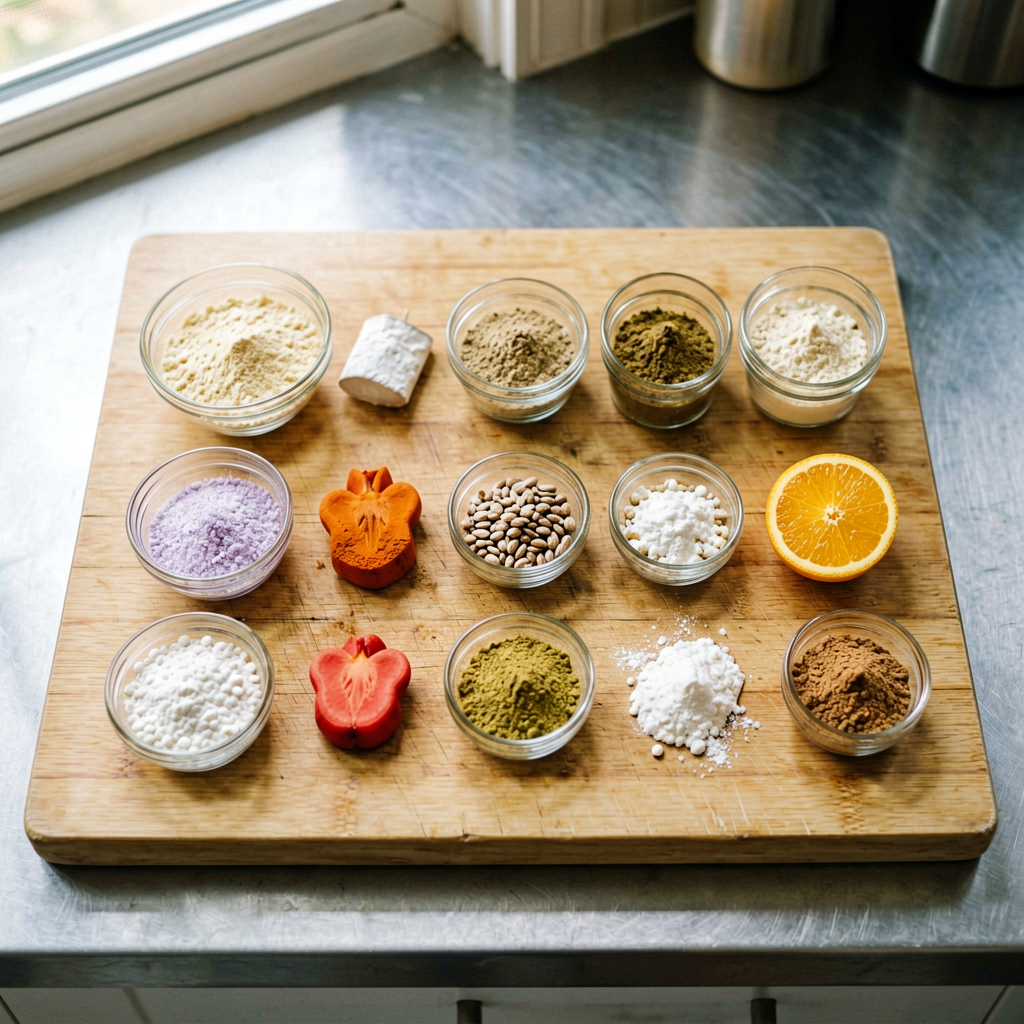 Ingredients prepped and organized on cutting board, mise en place, professional kitchen setup
