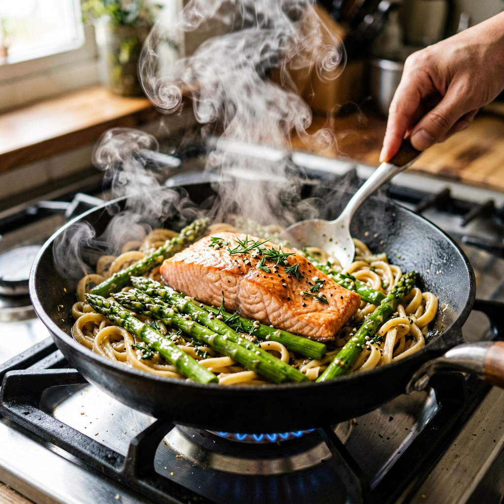 Cooking process shot, Salmon and Asparagus Pasta (Mexican) in pan, steam rising, professional action photography