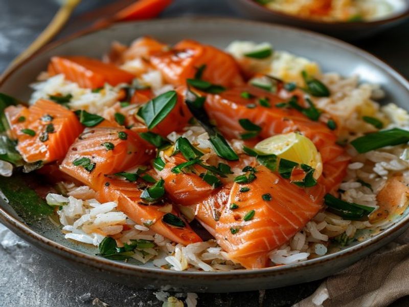 Finished Salmon and Rice Stir Fry (Mediterranean) beautifully plated, professional food photography, natural lighting