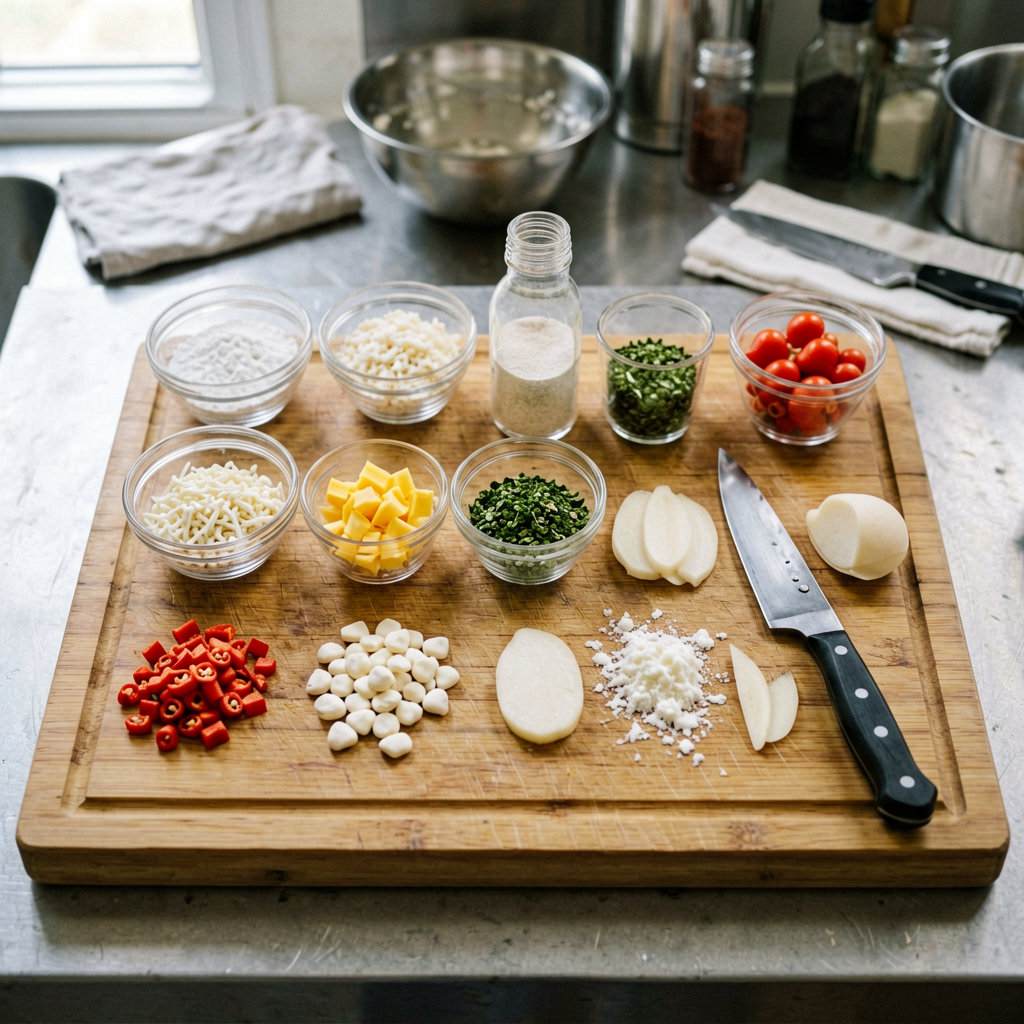 Ingredients prepped and organized on cutting board, mise en place, professional kitchen setup