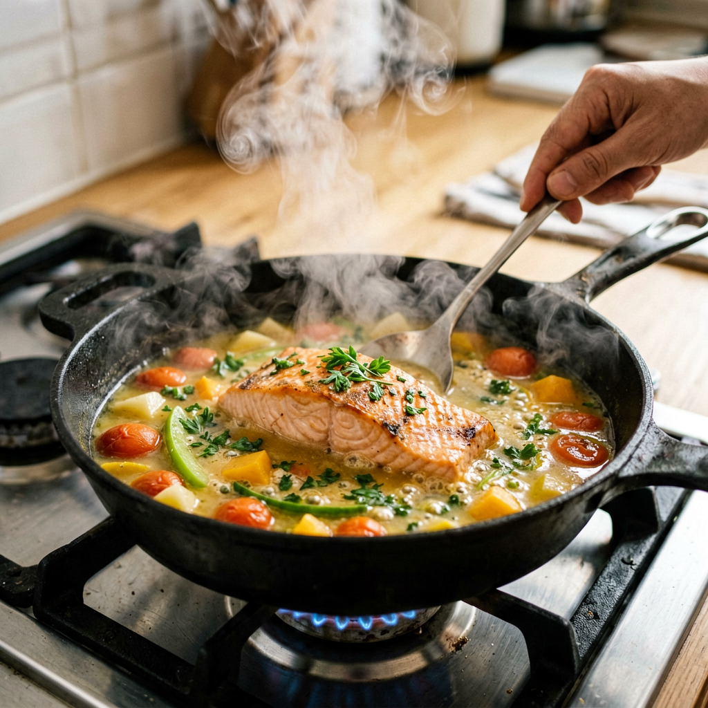 Cooking process shot, Salmon and Vegetables Soup (French) in pan, steam rising, professional action photography