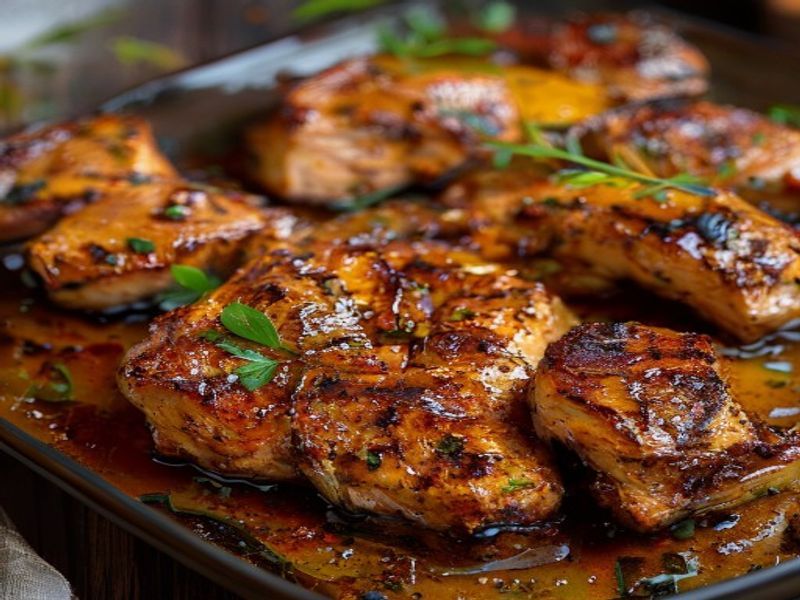 Finished Sheet-Pan Smoked Paprika Chicken Thighs with Honey-Garlic Glaze beautifully plated, professional food photography, natural lighting