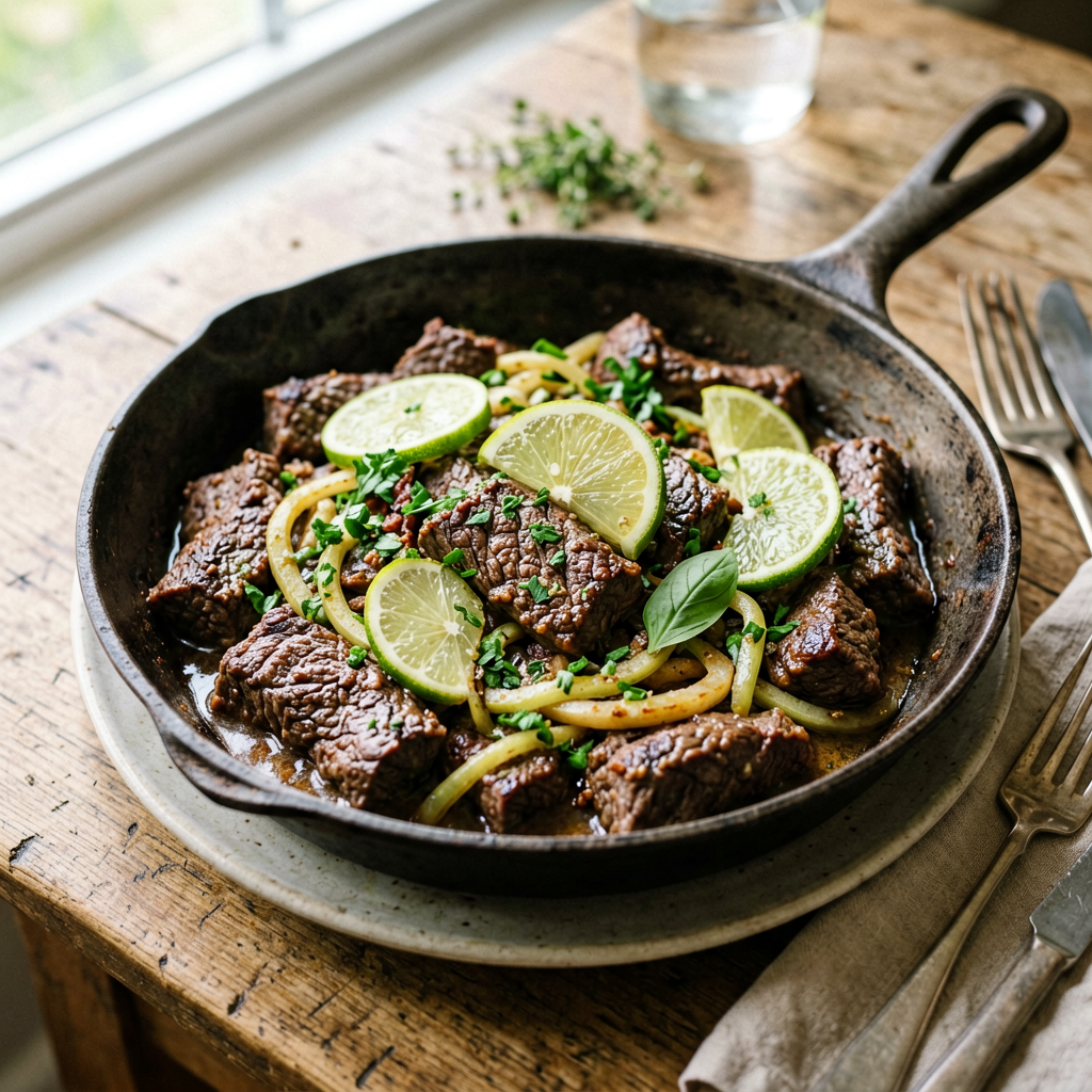 Finished Sheet Pan Beef Stir Fry with Lemon Herb beautifully plated, professional food photography, natural lighting
