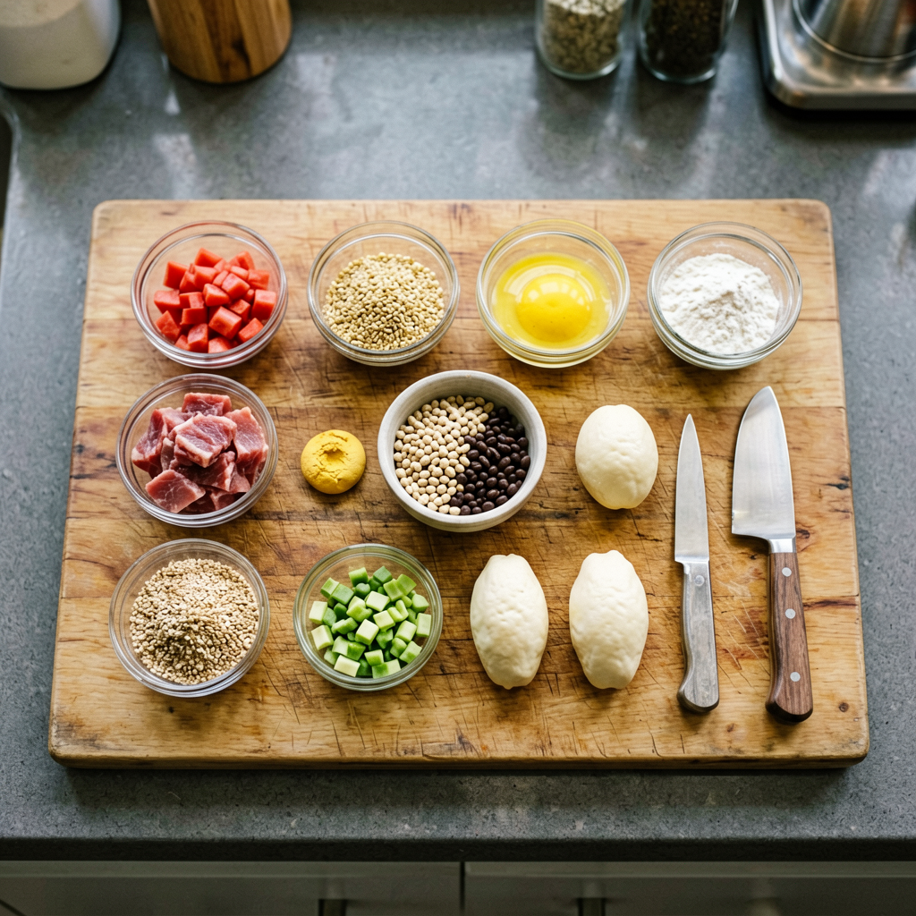 Ingredients prepped and organized on cutting board, mise en place, professional kitchen setup