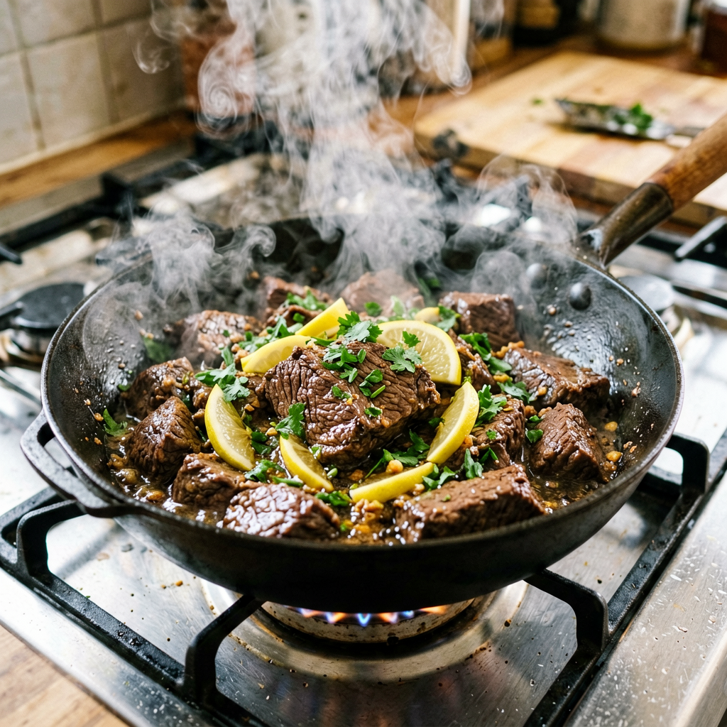 Cooking process shot, Sheet Pan Beef Stir Fry with Lemon Herb in pan, steam rising, professional action photography