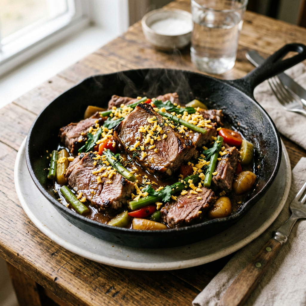Finished Sheet Pan Lamb Stir Fry with Garlic Butter beautifully plated, professional food photography, natural lighting