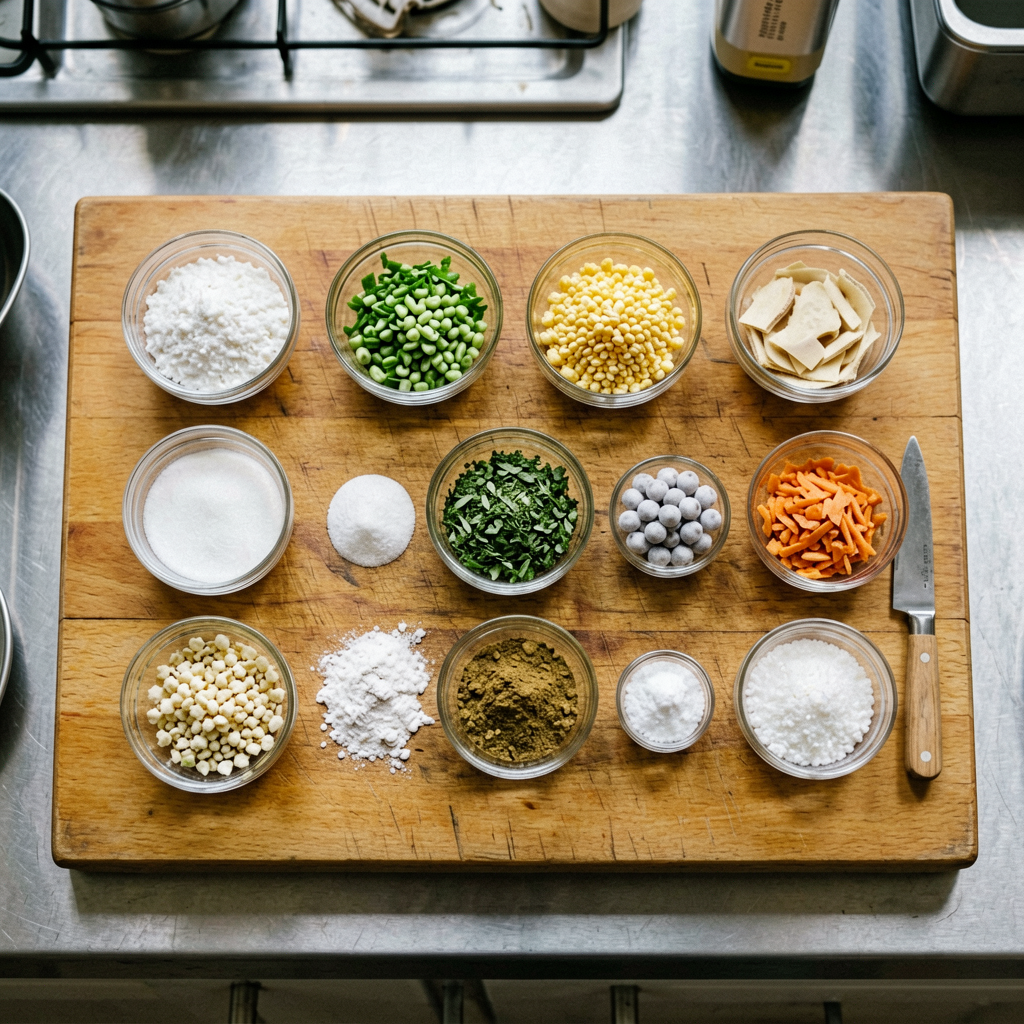 Ingredients prepped and organized on cutting board, mise en place, professional kitchen setup