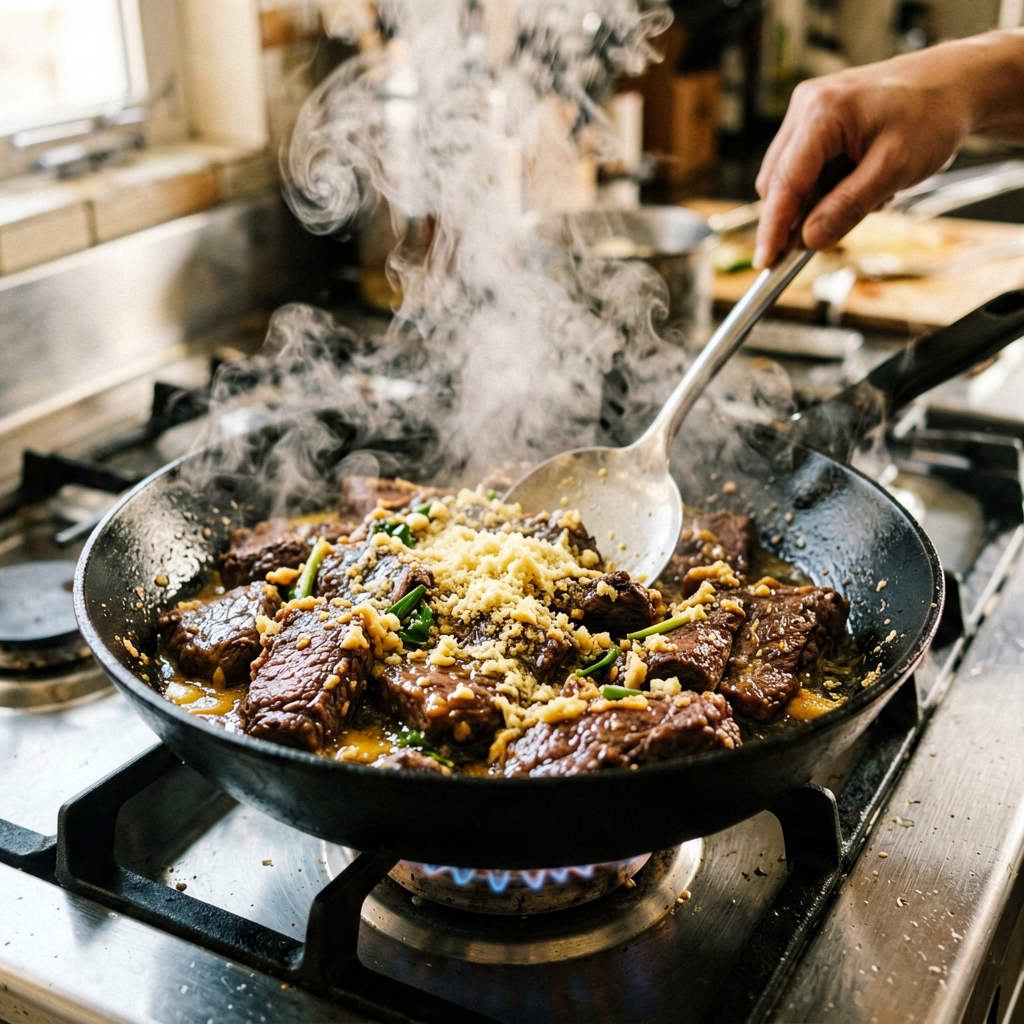 Cooking process shot, Sheet Pan Lamb Stir Fry with Garlic Butter in pan, steam rising, professional action photography