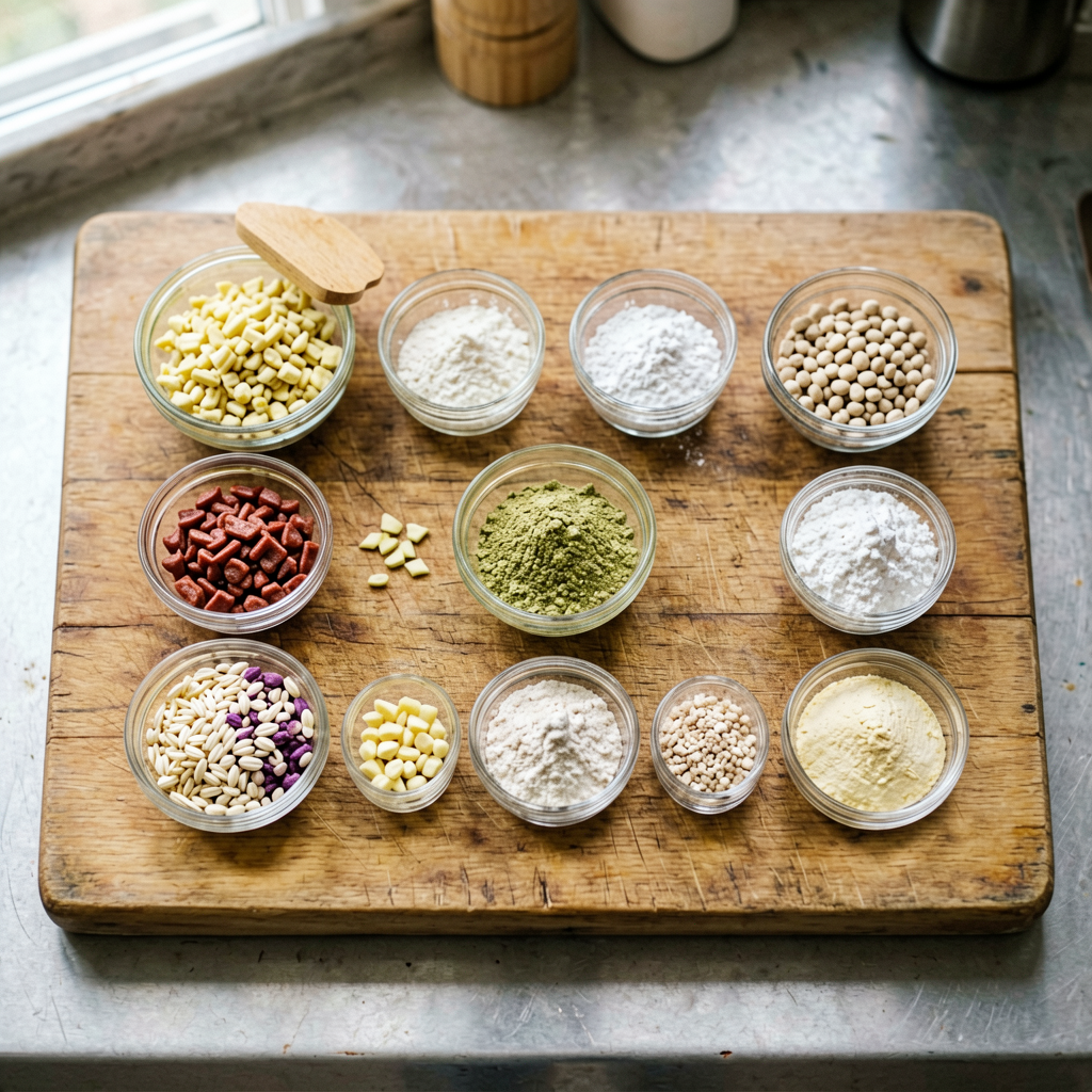 Ingredients prepped and organized on cutting board, mise en place, professional kitchen setup