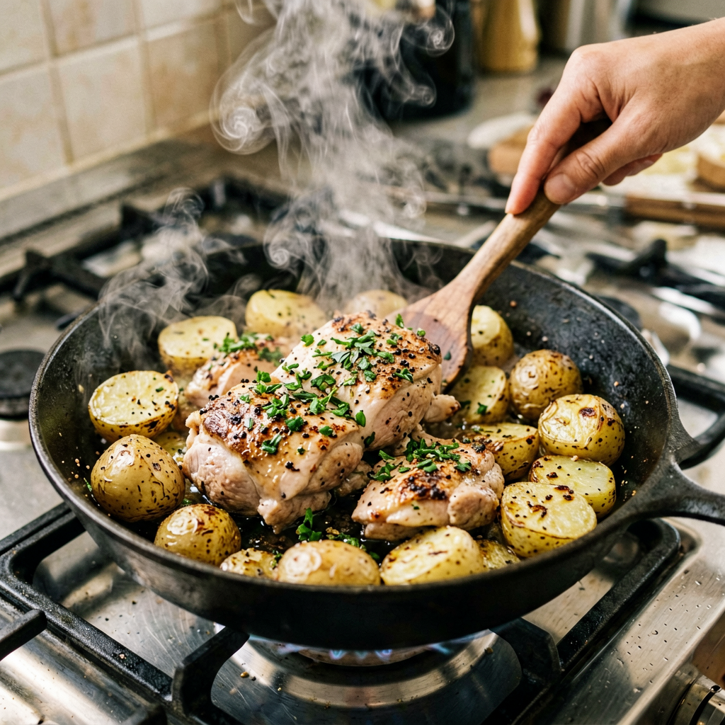 Cooking process shot, Sheet Pan Lemon Herb Chicken Thighs with Roasted Baby Potatoes in pan, steam rising, professional action photography