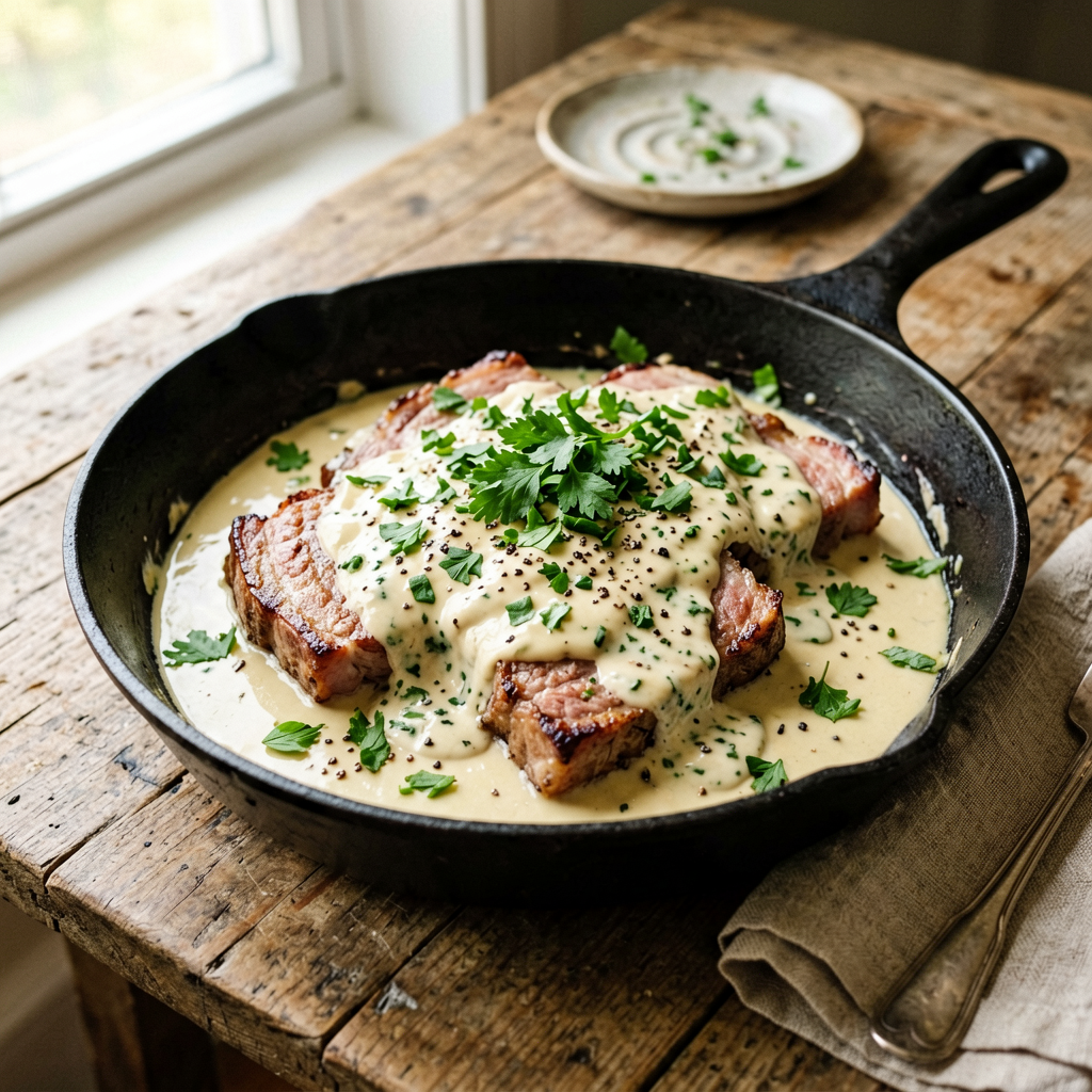 Finished Sheet Pan Pork with Creamy and Thyme beautifully plated, professional food photography, natural lighting