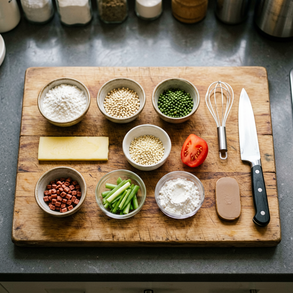 Ingredients prepped and organized on cutting board, mise en place, professional kitchen setup
