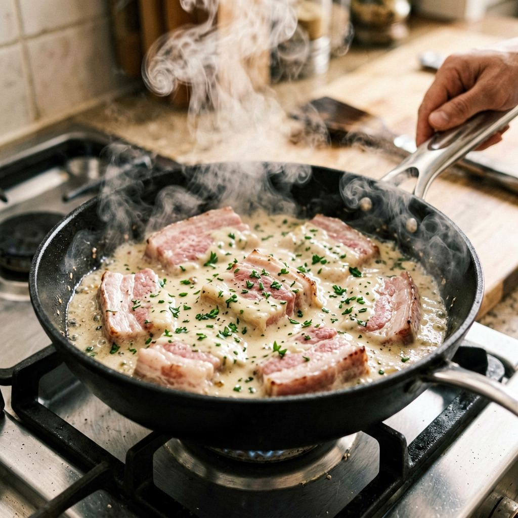 Cooking process shot, Sheet Pan Pork with Creamy and Thyme in pan, steam rising, professional action photography