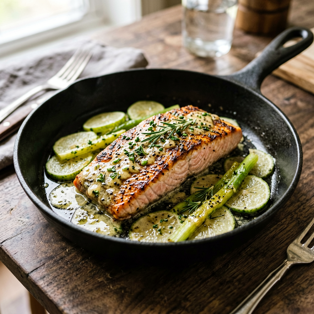 Finished Sheet Pan Salmon with Garlic Butter and Ginger beautifully plated, professional food photography, natural lighting