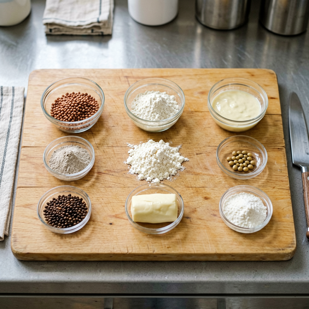 Ingredients prepped and organized on cutting board, mise en place, professional kitchen setup