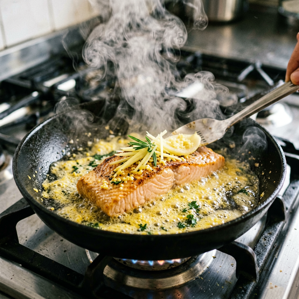 Cooking process shot, Sheet Pan Salmon with Garlic Butter and Ginger in pan, steam rising, professional action photography