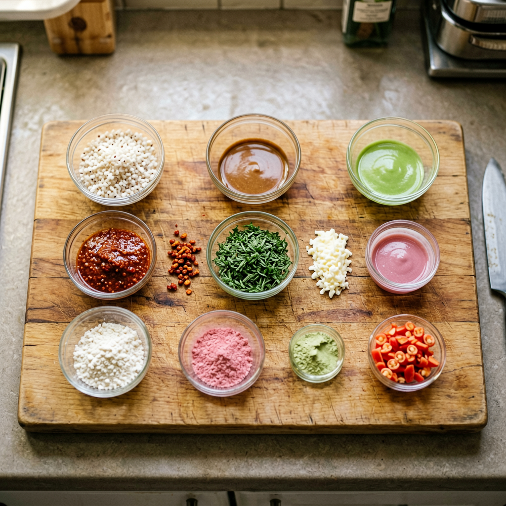 Ingredients prepped and organized on cutting board, mise en place, professional kitchen setup