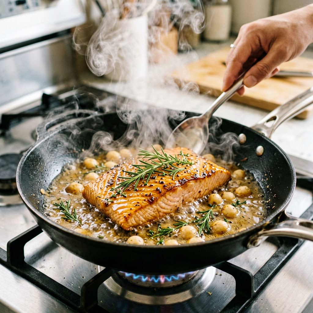 Cooking process shot, Sheet Pan Salmon with Honey Soy and Rosemary in pan, steam rising, professional action photography
